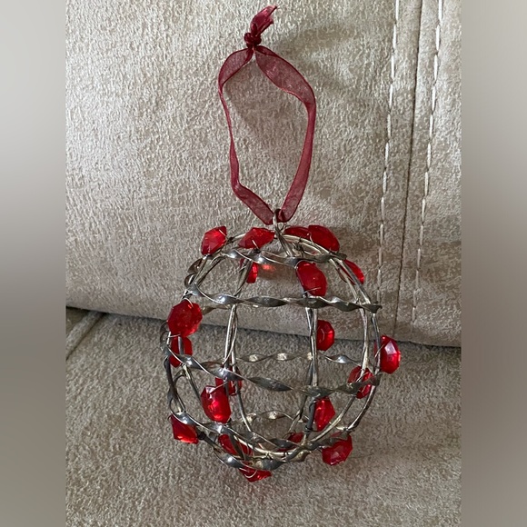 Handmade Twisted Silver Beaded Christmas Ornament w/Red Jewel Beads-3-3/4” Round - Picture 3 of 8